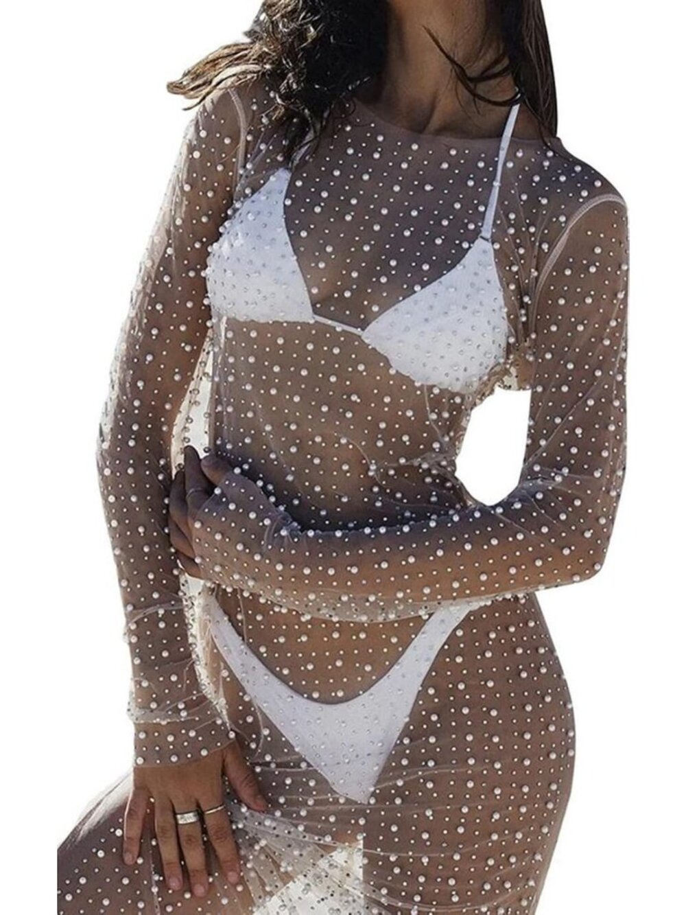Chic Long Sleeve Sheer Mesh Beach Cover-Up Dress with Pearl Rhinestones